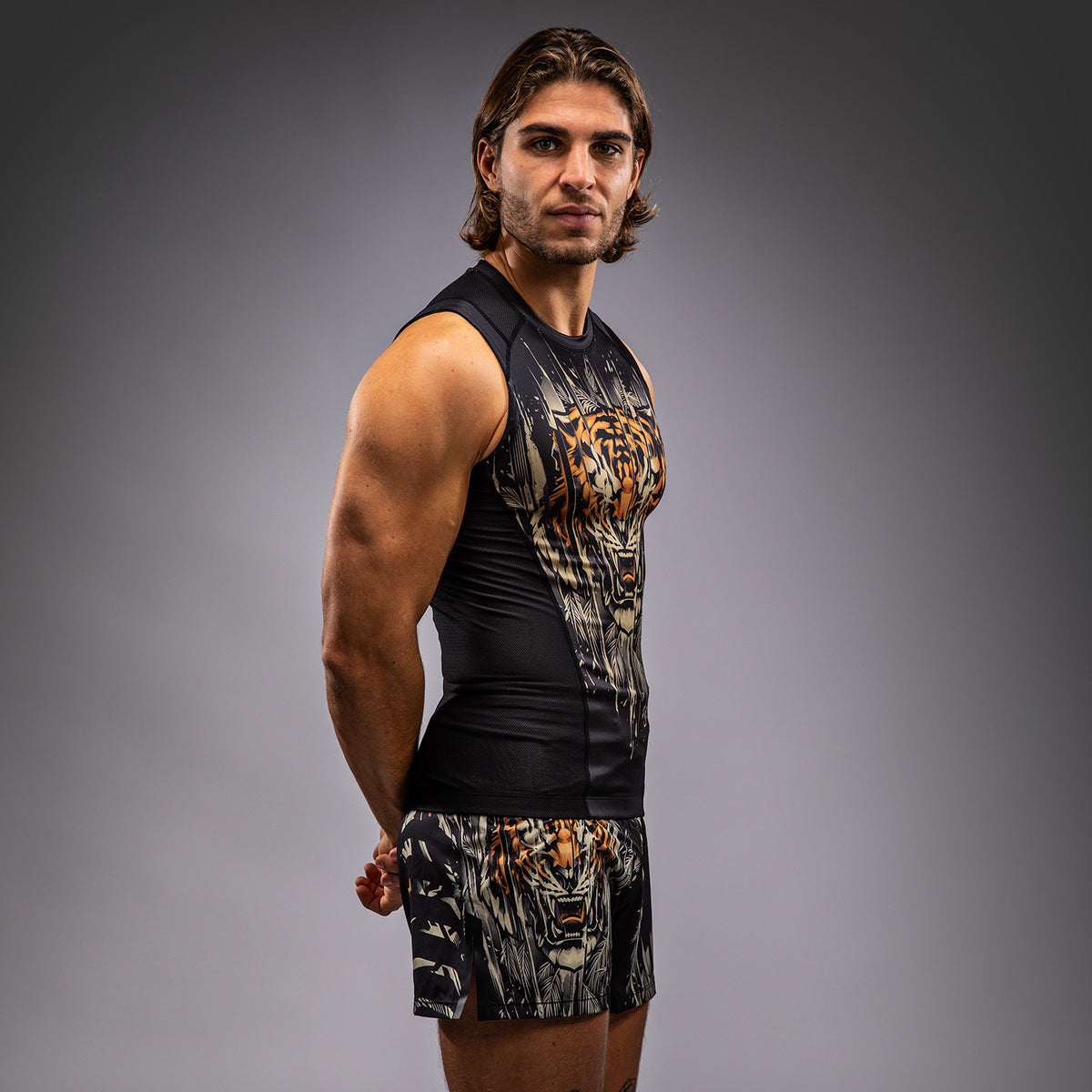 Rashguard sans Manches Venum Tiger pour Hommes - Noir/Orange Néon - product-type_T-Shirts de Compression