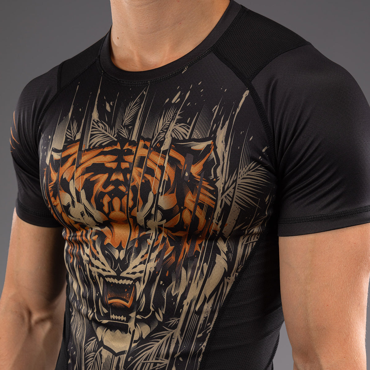 Rashguard à Manches Courtes Venum Tiger pour Hommes - Noir/Orange Néon - product-type_T-Shirts de Compression