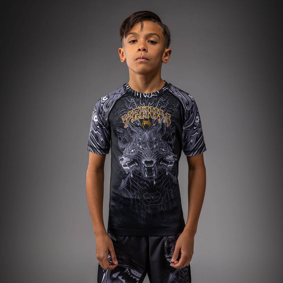 Rashguard à Manches Courtes Pour Enfants Venum Wolf Atak – Noir/Gris - product-type_T-Shirts de Compression