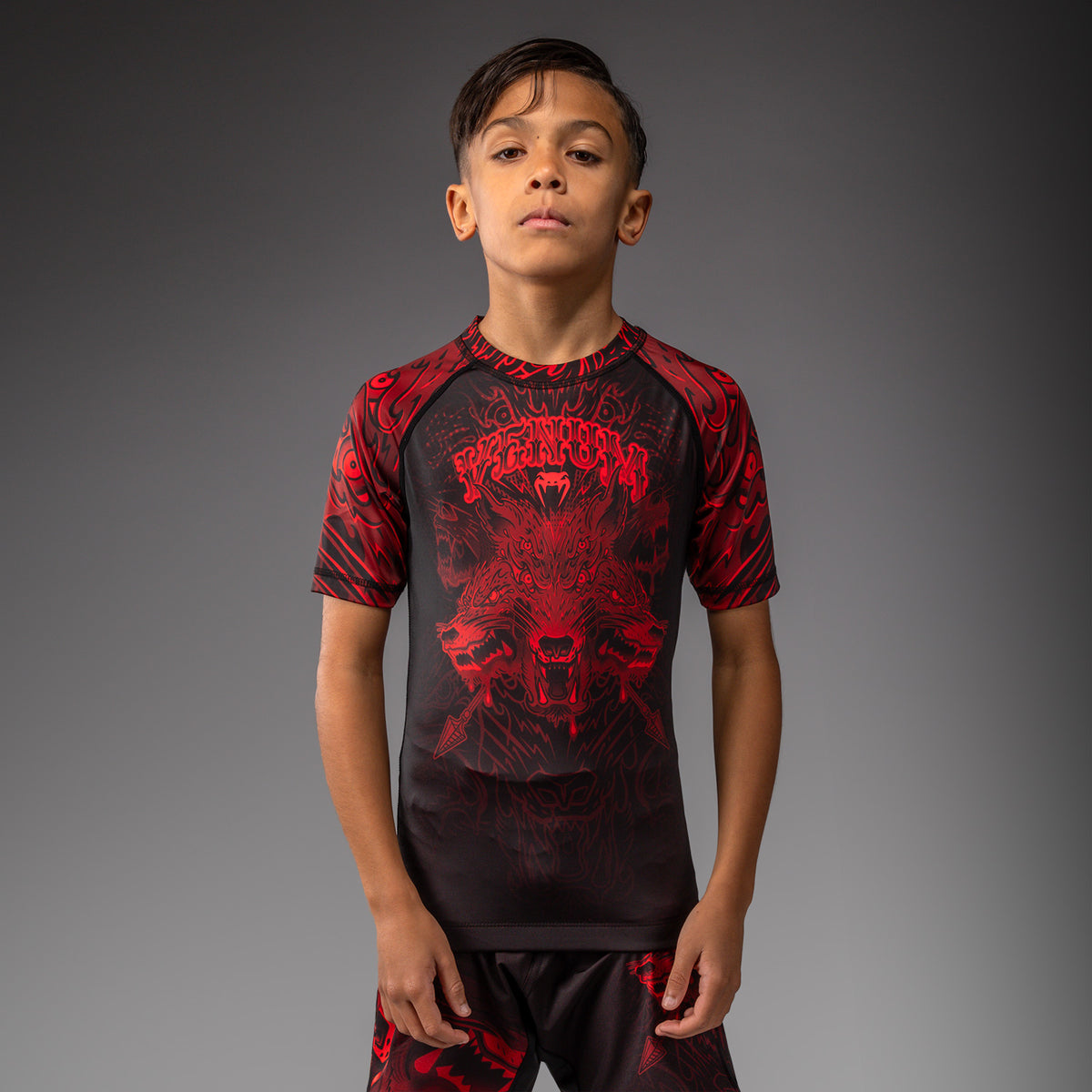 Rashguard à Manches Courtes Pour Enfants Venum Wolf Atak – Noir/Rouge - product-type_T-Shirts de Compression